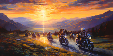 Motorcycle caravan drawing In nature there are mountains, sunlight, rivers, rural atmosphere. - obrazy, fototapety, plakaty