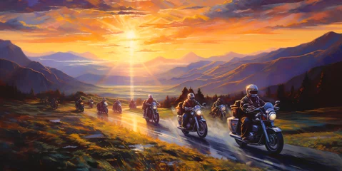 Poster Motorcycle caravan drawing In nature there are mountains, sunlight, rivers, rural atmosphere. © Rassamee