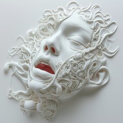 White human face with white hair and red lips. 3d rendering