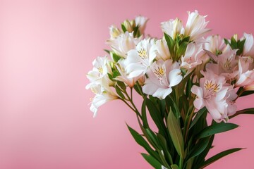 Naklejka na ściany i meble Bouquet of white alstroemeria flowers on pink background
