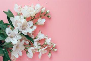 Bouquet of white alstroemeria flowers on pink background