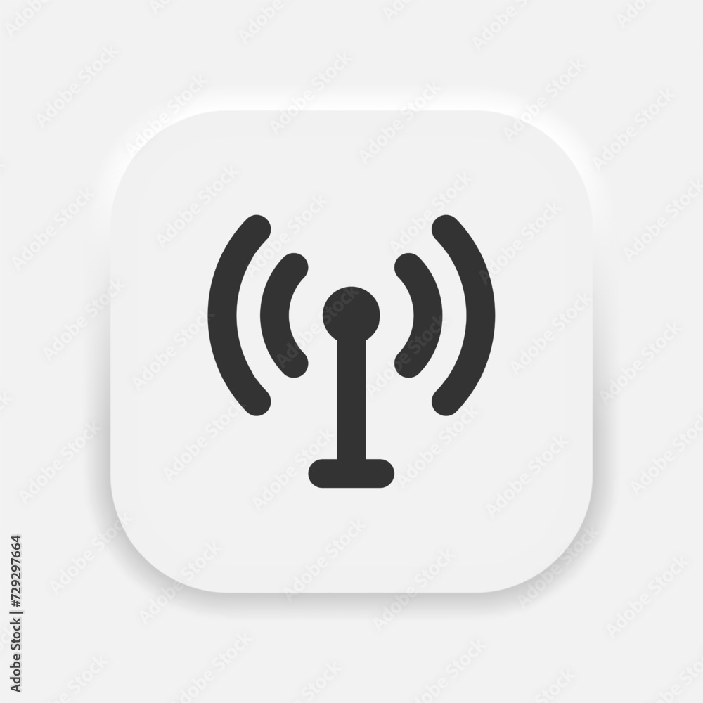 Poster signal transmission icon. antenna or broadcasting tower and signal waves. access point symbol in neu