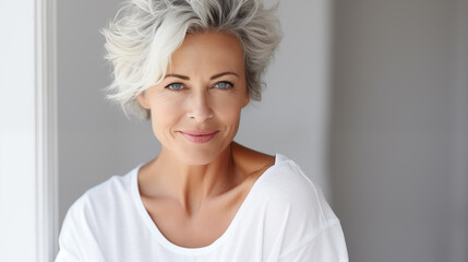 Beautiful blond middle aged woman smiling face looking at camera portrait. Elegant mature lady no makeup 50 years old. Women's health, cosmetology, skin care concept. - obrazy, fototapety, plakaty