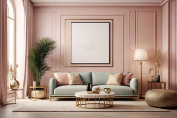 Contemporary Living Space 3D Rendered Mockup with Beige Sofa and Blank Frame




