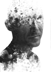 A paintography double exposure male portrait combined with a paint stains