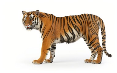 A majestic tiger, marked with bold black stripes, stands alert and poised isolated on white background.