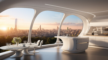 House apartment design, futuristic interior, hotel capsule with panoramic window view of the cityscape. Generative AI.