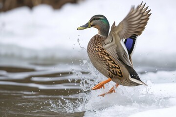 duck flapping wings vigorously, splashing near ice edge