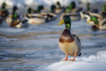 one duck standing on ice, flock swimming in water