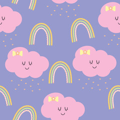 Seamless pattern cartoon clouds and rainbow. cute wallpaper for gift wrapping paper, cute wallpaper for textile