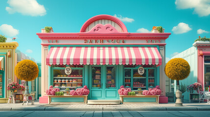 A charming candy store with a colorful awning.