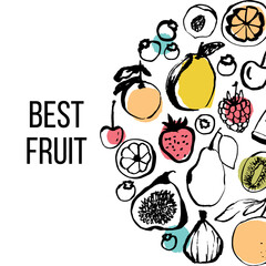 Fruit hand drawn illustratoin. Healthy meal, diet, nutrition. Organic food restaurant and support farmers market concept. Fruits composition with place for your text.