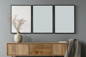 trio of frames on a grey wall over a wooden sideboard with a vase