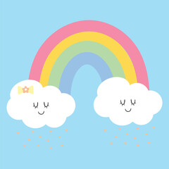 Hand drawn cute cartoon clouds and rainbow. cute cartoon