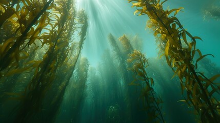 Obraz premium A kelp forest with tall stalks reaching the water surface, mainly exhibiting Ecklonia maxima from below
