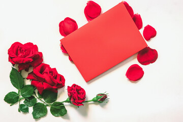 Red roses and red card on white background, Valentines day background