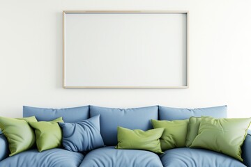 empty frame on a white wall above a blue sofa with green cushions