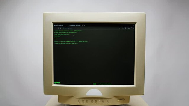 Retro pc with loading code console, programmer making scripts, green basic screen, Old computer studio close-up, Desktop vintage retro wave display, late 90s PC.