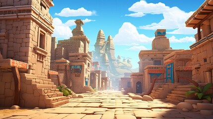 empty 3D cartoon background of ancient Aztec city