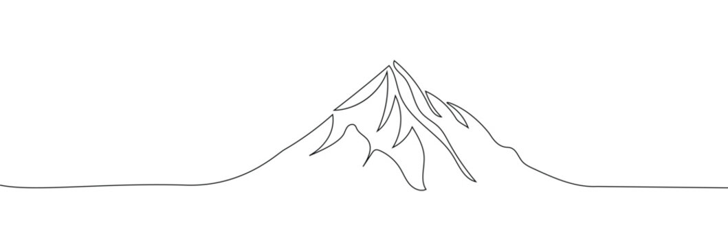 One continuous line drawing of mountain range landscape. Abstract web banner with hills and snow peaks in simple linear style. Winter ski sport concept editable stroke. Doodle vector illustration