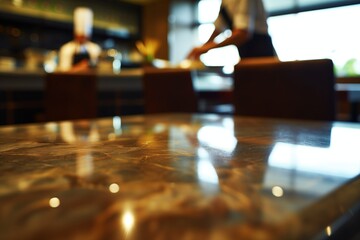 polished table surface, defocused waiter serving in the backdrop