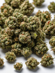 Photo Of Collection Of Cannabis Buds, Cannabis Flowers, White Background, Isolated, Separated, Marijuana Leaves And Flowers