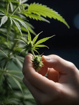 Photo Of A Scientists Hand Closeup Inspects The Pleasant Buds On A Cannabis Plant, Cannabis Plantation