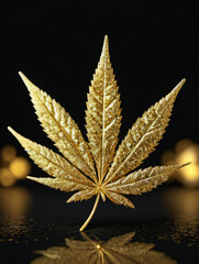 Photo Of Luxury Golden Cannabis Leaf, Golden Glitter Leaf Of Marijuana Isolated On Black Background, Cannabis Emblem, The Logo Design, 3D Render, 3D Illustration