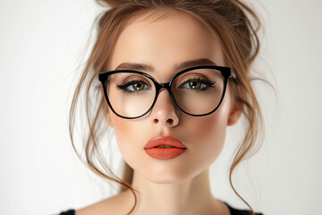 Fototapeta premium Close-up of a young woman with round black glasses, flawless skin, peach lipstick, and subtle eye makeup, exuding elegance and intelligence.