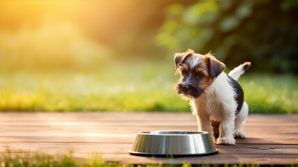 A small puppy cautiously approaches a food bowl on a sunlit wooden deck