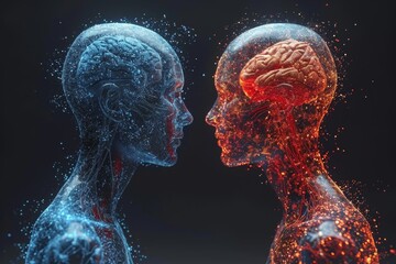 A three-dimensional image of two men in blue and red opposite each other. 3d illustration - obrazy, fototapety, plakaty