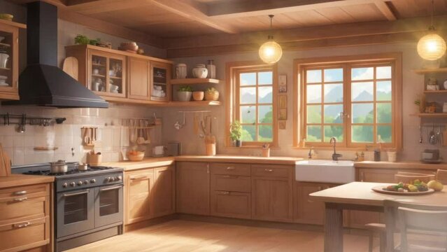modern kitchen interior with mountain views. Cartoon or anime watercolor painting illustration style. seamless looping virtual video animation background.