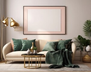 Interior Design Showcase Beige Sofa and Frame on Wall 3D Rendered Living Room
