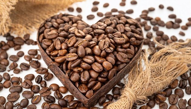 coffee beans in a heart-shaped vessel and cloth