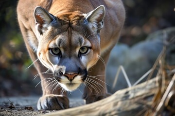 mountain lion crouched, peering down into the lens