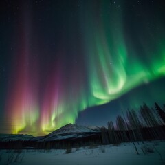 Aurora borealis, northern lights over the mountains in winter