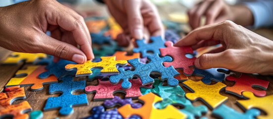 Hands Assembling Colorful Jigsaw Puzzle Pieces. Generative-AI