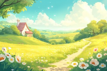 Sunny landscape showcasing blooming flowers on green hills