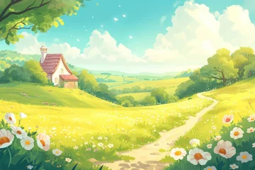 Poster Sunny landscape showcasing blooming flowers on green hills © KrikHill