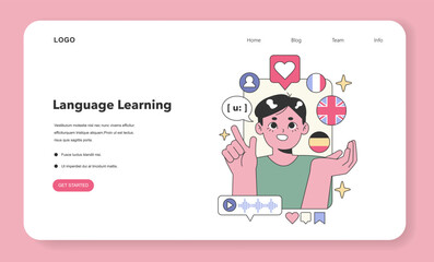 Language Learning concept. Interactive online platform for mastering multiple languages. Audio and visual tools for effective communication. Flat vector illustration