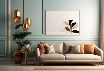 Modern Living Room Mockup Sofa and Blank Picture Frame in Beige 3D Rendering
