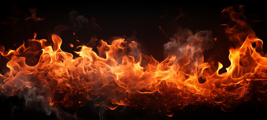 Fire flames on black background. Fire fiery background, red flames, sparks and waving white smoke on black background. Flaming effect with burning fire. - obrazy, fototapety, plakaty