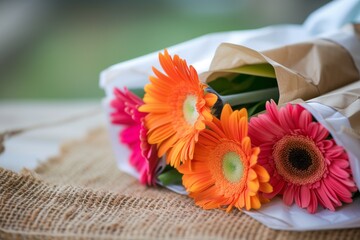 bright gerbera flowers wrapped in paper sitting on a rustic mat - obrazy, fototapety, plakaty
