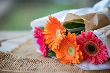 Fototapeten bright gerbera flowers wrapped in paper sitting on a rustic mat © Alfazet Chronicles