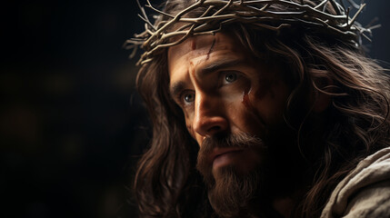 Jesus Christ wearing a crown of thorns and carrying the cross for mankind's sins in artistic mystical portrait