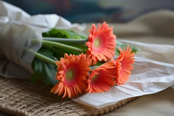 Poster Im Rahmen bright gerbera flowers wrapped in paper sitting on a rustic mat © Alfazet Chronicles