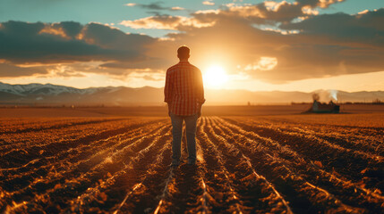  A lone man stands in a plowed field, with the radiant sunset creating a dramatic backdrop and casting long shadows on the ground.
