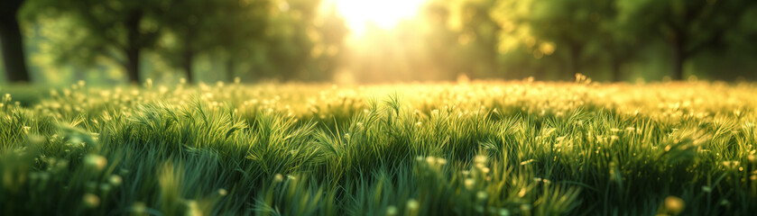 Beautiful panorama of golden grass field on spring season with warm morning sun light, freshness,...