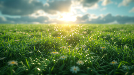 Landscape of Daisy flower Grass field on spring season on warm morning sun light, freshness, yellow green color.