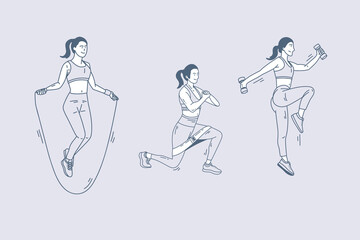 Set of outline illustrations of woman physical fitness